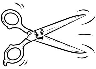 A cheerful cartoon scissors mascot. Black and white vector line art character for a barber shop logo, craft icon, or children's coloring book page.