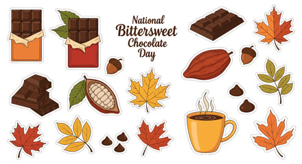 Collection of illustrations for National Bittersweet Chocolate Day, featuring chocolate bars, cacao pods, hot chocolate, autumn leaves, and acorns.