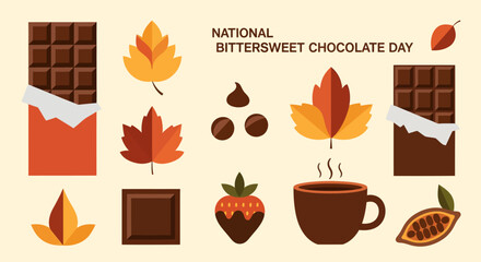 An illustration celebrating National Bittersweet Chocolate Day with chocolate bars, autumn leaves, hot cocoa, and cocoa beans.