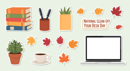 A collection of office and autumn-themed stickers including books, pens, plants, coffee, a laptop, and fall leaves, celebrating National Clean Off Your Desk Day.