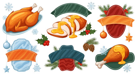 A festive collection of Christmas dinner illustrations, including roasted turkey, sliced meat with gravy, and decorative holiday banners.