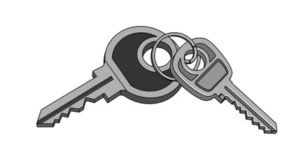 A grayscale illustration of two different-sized keys attached to a metal keyring on a white background.