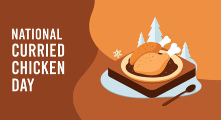 Promotional banner for National Curried Chicken Day featuring a stylized illustration of a chicken curry dish on a plate.