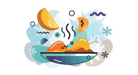A modern, abstract illustration of a steaming hot bowl of food, perfect for a cold winter day with snowflakes.