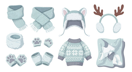 A cute collection of cozy winter clothes and accessories, including a sweater, scarf, hat, and mittens.