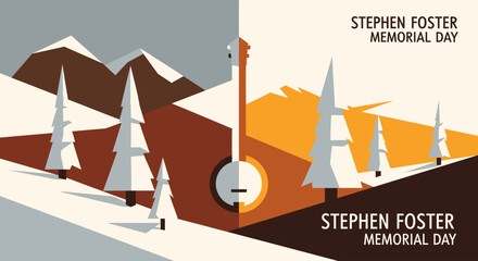 Graphic illustration for Stephen Foster Memorial Day with a banjo dividing a winter mountain scene from a warm-toned landscape.