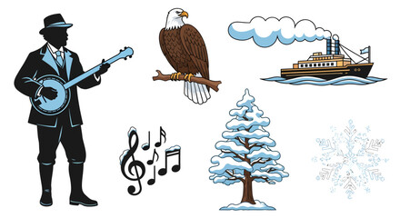 A collection of illustrations featuring a banjo player, eagle, steamboat, music notes, snowy tree, and snowflake.