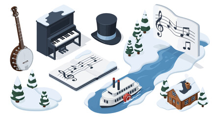 Isometric collection of musical instruments and a winter river scene with a steamboat.