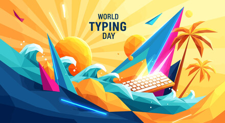 Vibrant illustration for World Typing Day with a laptop keyboard amidst abstract ocean waves and a setting sun.