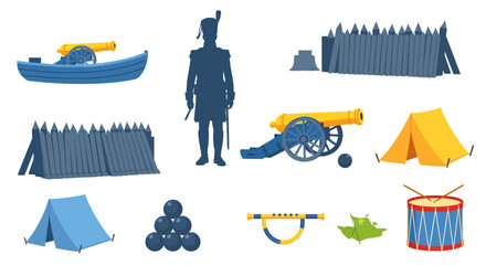 A collection of historical military vector icons including a soldier, cannons, tents, and fortifications isolated on a white background.
