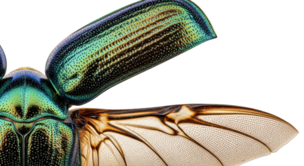 Close-up of a colorful insect with iridescent wings on a