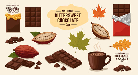A collection of illustrations for National Bittersweet Chocolate Day, featuring chocolate bars, cocoa pods, hot chocolate, and autumn leaves.