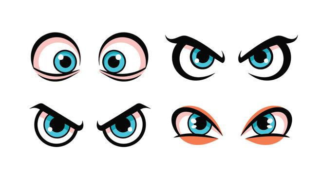 Cartoon eyes expressing various emotions, from wide-eyed surprise to intense anger and mischievous glares.