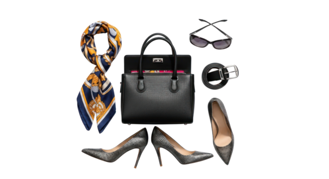 Fashionable women's accessories, featuring a handbag, shoes, scarf, belt, and sunglasses for a stylish ensemble
