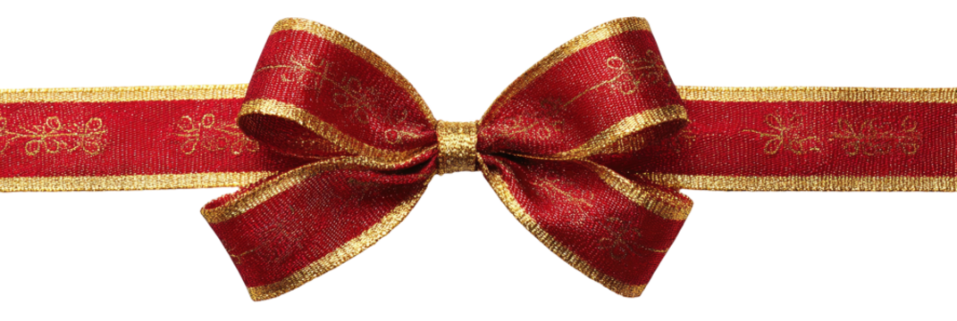 Elegant red ribbon bow with gold trim and delicate patterns