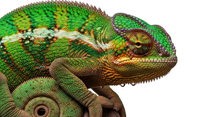 Close-up of a colorful chameleon on a greenscreen