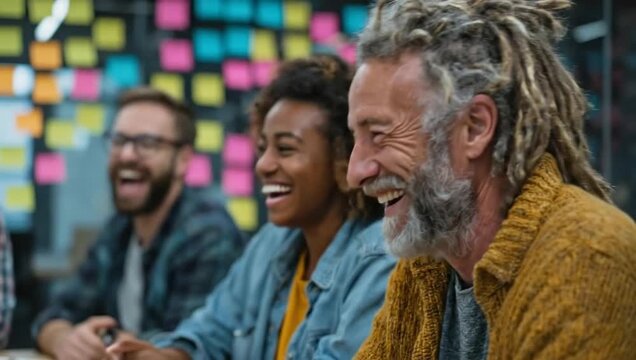 A diverse team laughing together during a creative brainstorming session promoting workplace inclusion collaboration and positive team culture