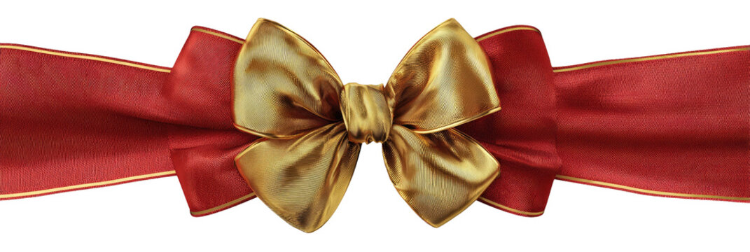 A shiny gold bow with red ribbon accents and gold trim