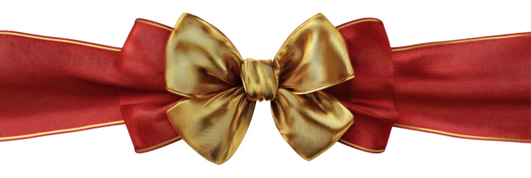 A shiny gold bow with red ribbon accents and gold trim
