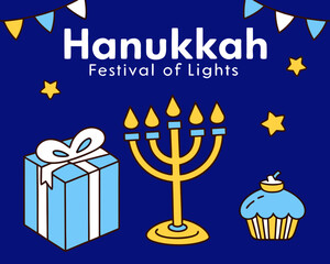 Fototapeta premium Festive Hanukkah Celebration with Menorah Gift Cupcake and Bunting on a Blue Background colorful