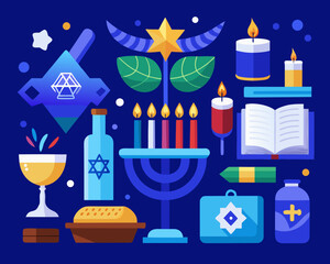 Colorful Hanukkah Celebration Still Life Menorah Dreidel Wine Candles and Symbolic Objects on Blue Background