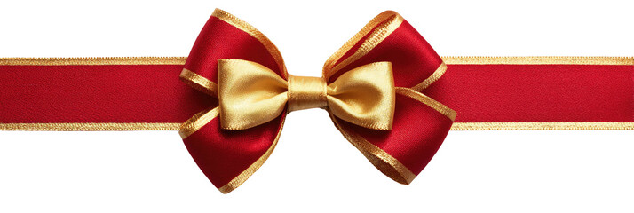 A satin red ribbon with gold trim and a gold bow against black
