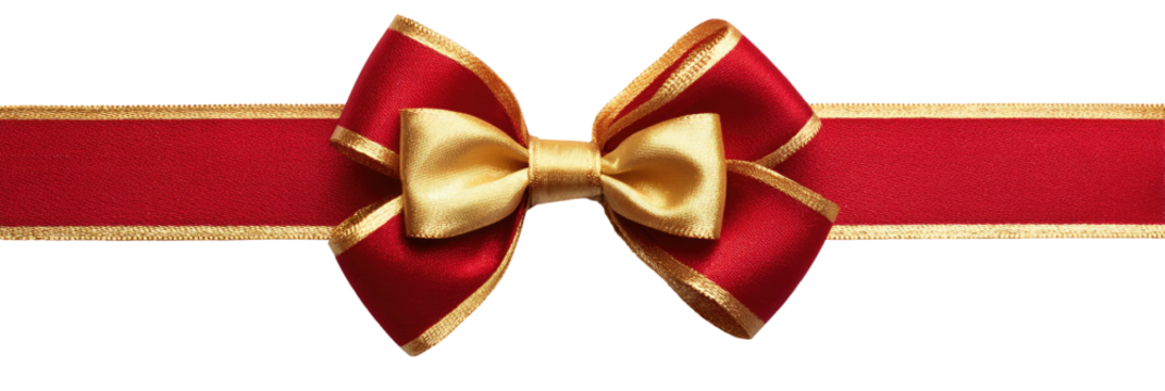 A satin red ribbon with gold trim and a gold bow against black
