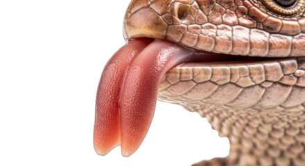 Close-up of a lizard's face with its tongue out against a