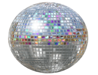 A reflective sphere covered in numerous small, square, mirrored tiles