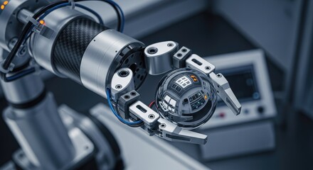 Robotic arm holding a reflective sphere in a controlled environment