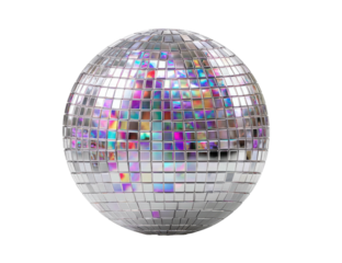 Reflective sphere covered in small mirrored squares, illuminated with vibrant colors