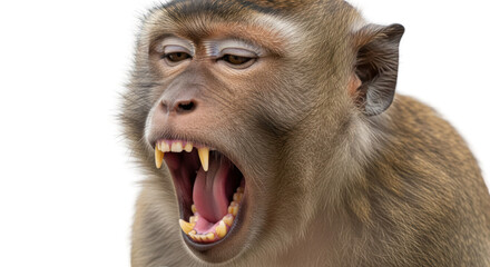 A monkey with open mouth and sharp teeth against a