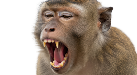 A monkey with open mouth and sharp teeth against a