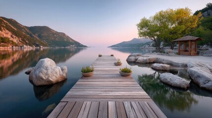 Naklejka premium Wooden Pier Stretching Across Calm Lake at Sunrise with Distant Hilly Shoreline and Green Trees