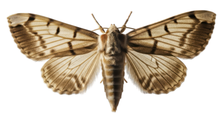 A brown moth with spread wings against a greenscreen