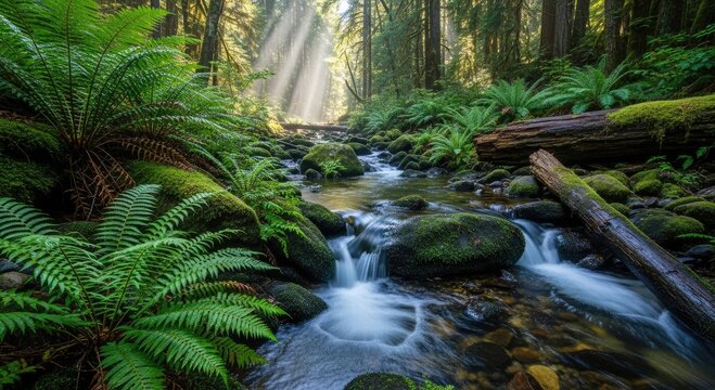 Sunbeams through trees over stream with ferns and mossy rocks in forest