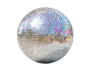 Gleaming mirrored disco ball with colorful reflections on black background