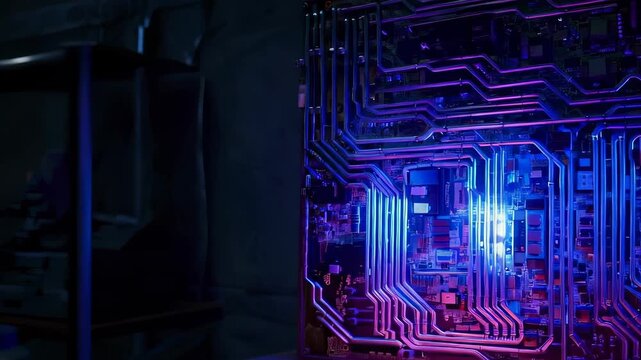 Futuristic Circuit Board with Neon Lights in Dark Room
