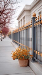 Wrought Iron Gate With Golden Floral Accents Lined With Blooming Orange Flowers And Pink Trees On A Cloudy Day In The City