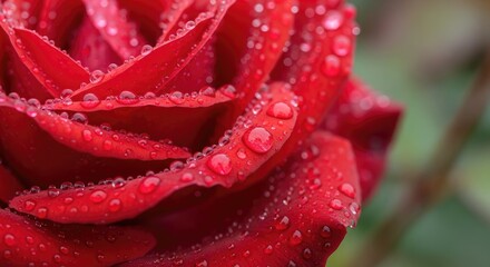 Close up of a red rose with water droplets on its petals in detail