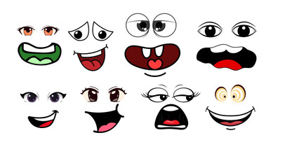 Set of cartoon face vector icons with laughing expressions