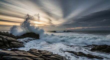 Ocean waves crashing against rocks under a dramatic cloudy sky view