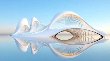 Abstract architectural structure reflecting on a tranquil body of water.