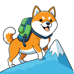 Happy shiba inu dog climbing a snowy mountain with a backpack