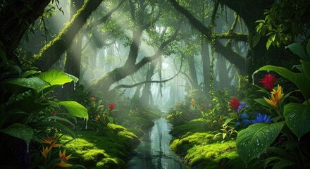 Lush jungle stream with vibrant flora and sunlit canopy overhead view