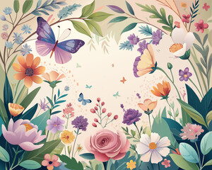 Whimsical garden scene with butterflies and blooming flowers