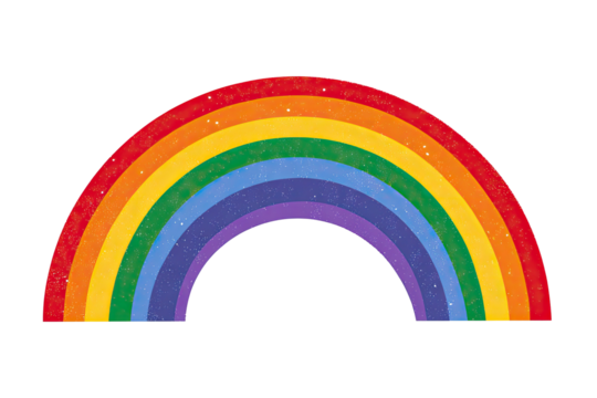 Vibrant rainbow arc with a starry, textured overlay on black