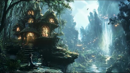 Surreal digital art featuring a woman practicing yoga beside a glowing fantasy house on a cliff, overlooking an enchanted forest with a waterfall and magical lights - Powered by Adobe