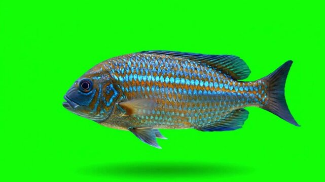 A beautiful scaly fish with iridescent blue stripes swimming against a solid green screen background for chroma key.