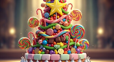 Whimsical candy christmas tree with lollipops, chocolates, and a star on top